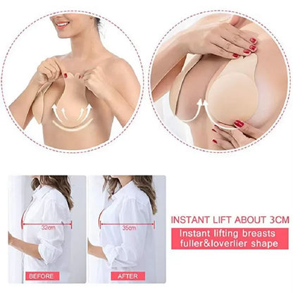 Silicone Push-Up Strapless Invisible Bra – Reusable Adhesive Lift Tape with Rabbit Nipple Covers for Women