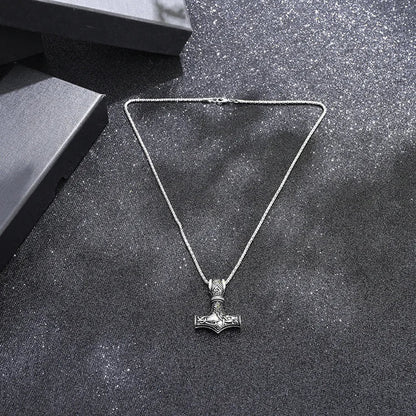 Thor Hammer Viking Necklace – Mjolnir Norse Amulet Pendant for Men, Punk Scandinavian Jewelry with Metal Chain