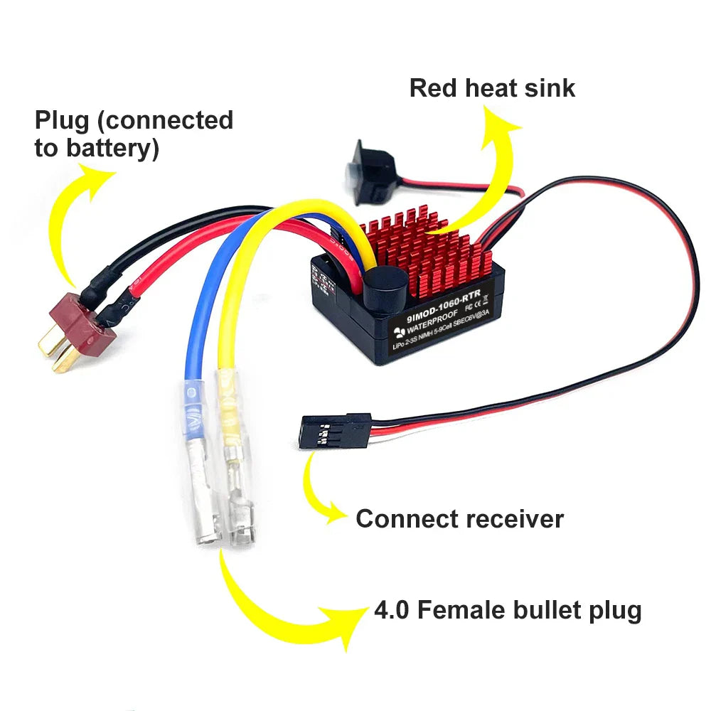 9IMOD 1060 RTR 60A Brushed ESC — Waterproof Electronic Speed Controller 2-3S LiPo with 6V3A BEC for 1/10 Axial SCX10, TRX4, TRX6, D90, HPI
