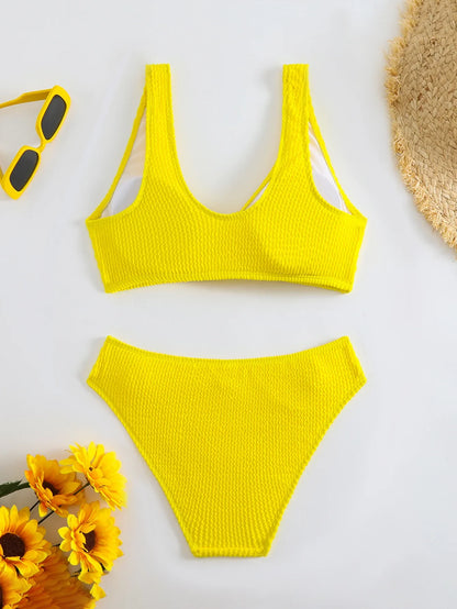 2025 Summer Women's Two-Piece Swimsuit – Solid High Waist V-Neck Backless Bikini Set Beachwear
