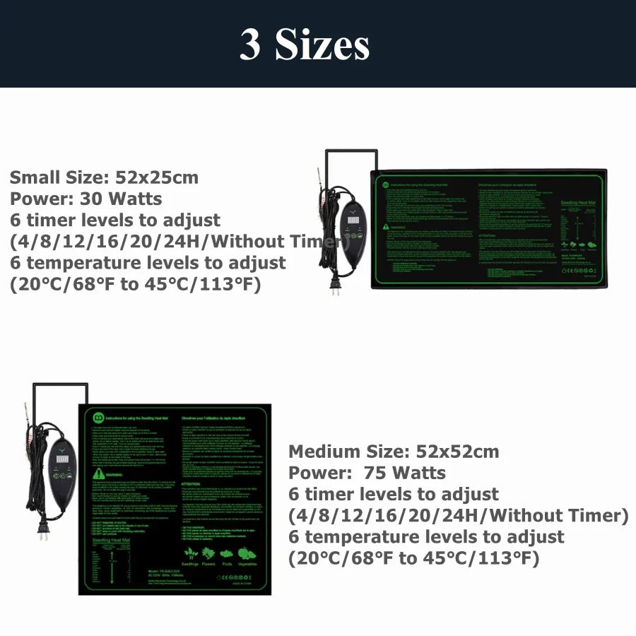 Upgraded Waterproof Seedling Heat Mat – 3 Sizes Heat Pad with 20℃-45℃ Digital Thermostat for Hydroponic Germination