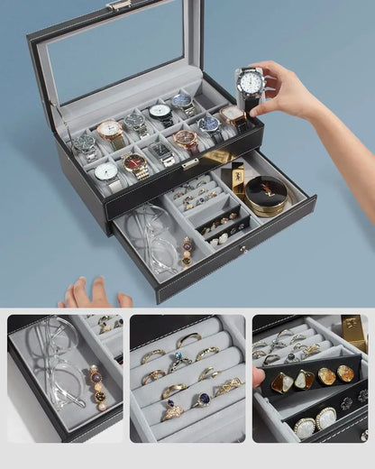 2024 12-Slot Leather Watch Storage Box — Lockable 2-Tier Organizer & Jewelry Display Drawer for Men & Women