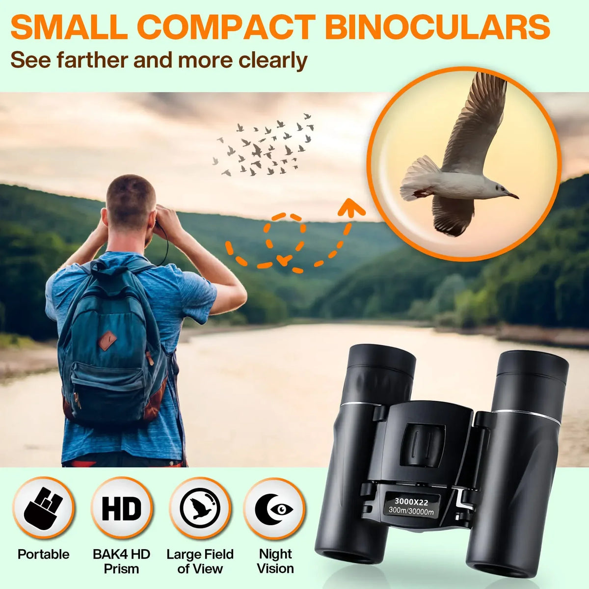 3000x22 Powerful Binoculars: Long-Range Folding Mini Telescope with BAK4 FMC Optics - Ideal for Hunting, Sports, Outdoor Camping, Travel