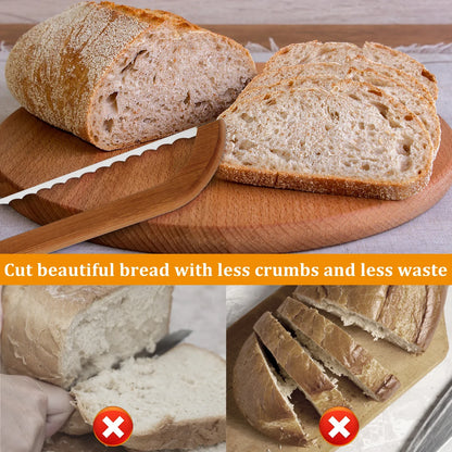 Bread Bow Cutter – Serrated Stainless Steel Bagel & Sourdough Slicer, Portable Cutting Tool with Bamboo Handle