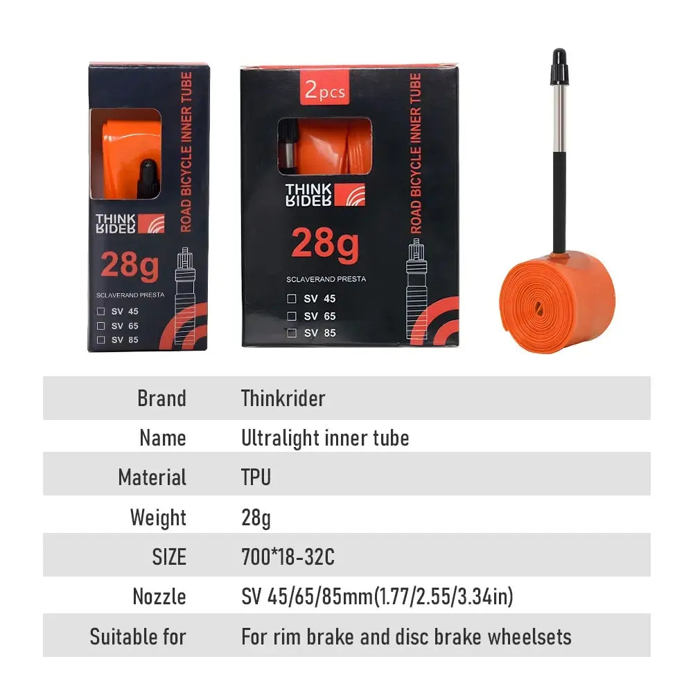 ThinkRider Ultralight 28g Bike Inner Tube — 700x18/25/28/32 TPU Road Bicycle Tire with 65mm French Valve