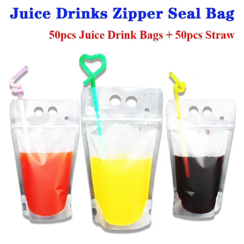 50PCS Frosted Disposable Plastic Liquid Bags with Straw - Sealable Pouches for Juice, Coffee, and Drinks - Perfect for Parties