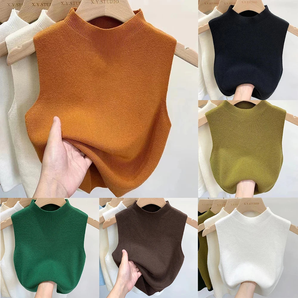 Women's Solid Color Knitted Vest Tank Top - Cropped Half-Turtleneck Camisole Sleeveless T-Shirt for Spring and Autumn