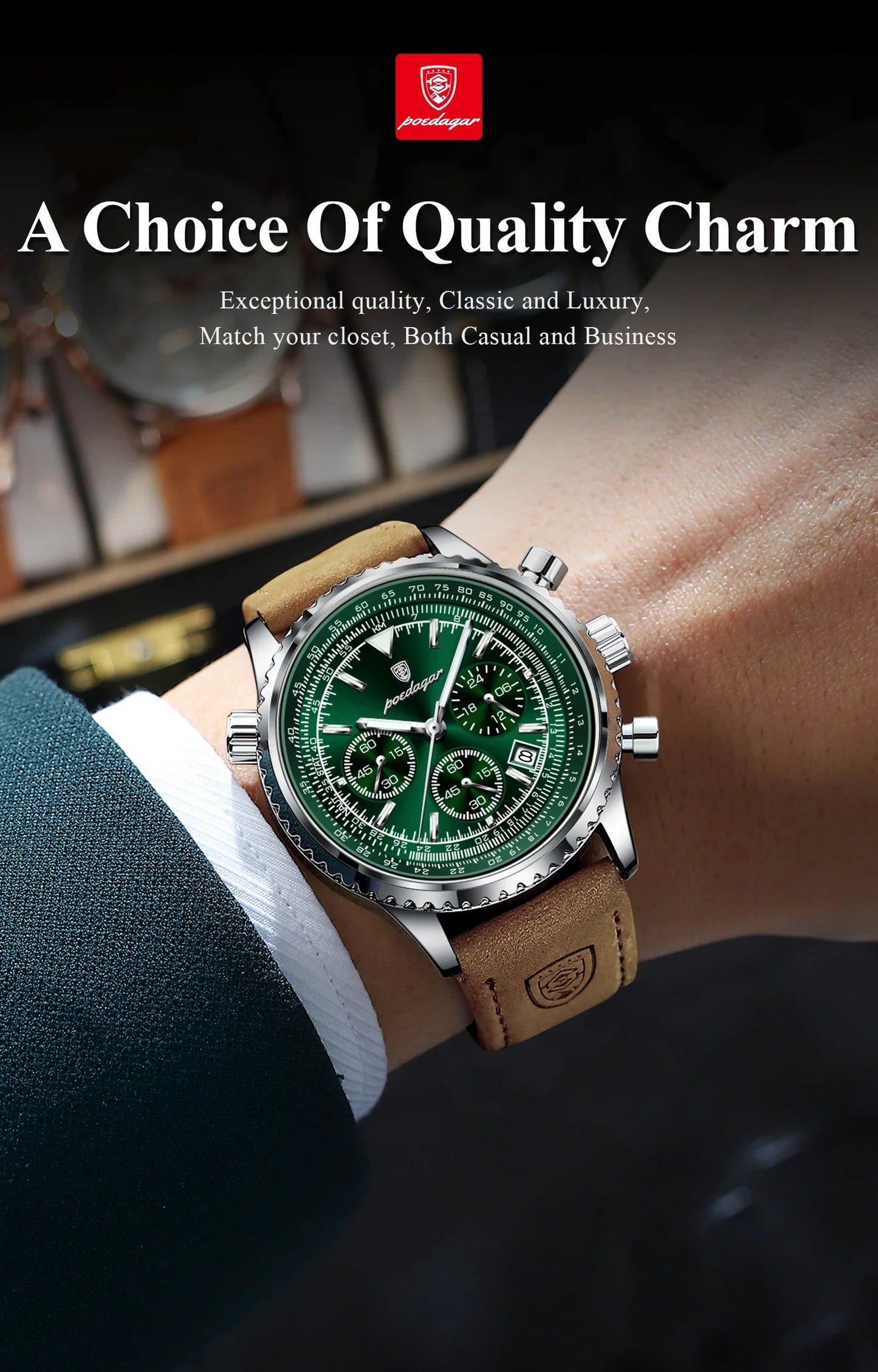 POEDAGAR Luxury Men's Quartz Watch Waterproof Luminous Date Chronograph Leather Military Sports Wristwatch