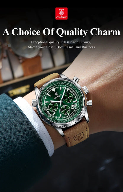 POEDAGAR Luxury Men's Quartz Watch Waterproof Luminous Date Chronograph Leather Military Sports Wristwatch