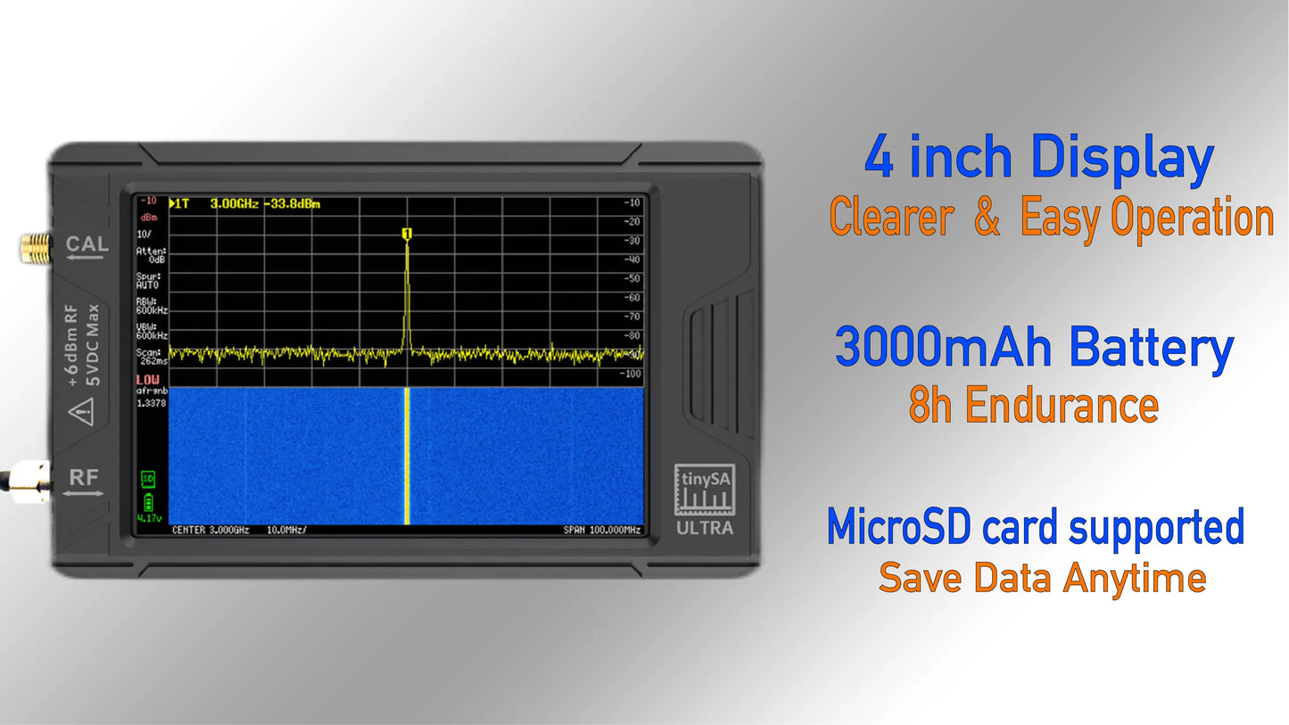 4-inch TinySA Ultra Spectrum Analyzer – 100kHz to 5.3GHz with MF, HF, VHF & UHF Input
