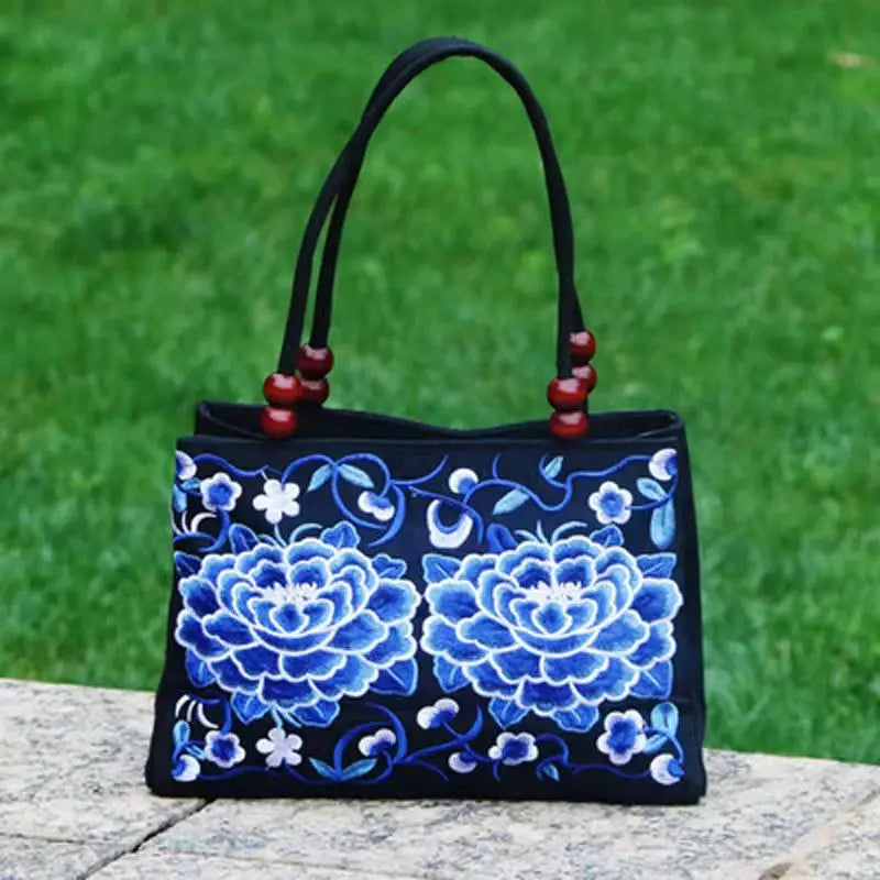 Embroidered Canvas Top Handle Bag for Women - Double Layered with Zippered Compartments, Ideal for Work and Play