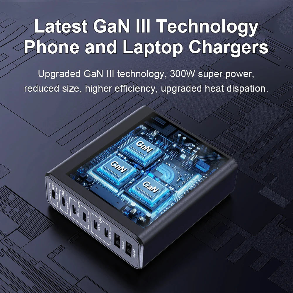 Ubigbuy 300W Multi-Port GaN Charger - USB-C 140W PD 3.1 & PPS 100W Charging Station for MacBook Pro M2, iPhone 15/14, Galaxy