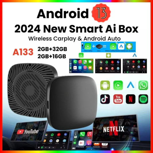 Wireless CarPlay AI Box for Android 13 - Smart TV Box Compatible with Toyota, Mazda, Hyundai, GMC, Ford, VW, Kia - Supports YouTube, Netflix