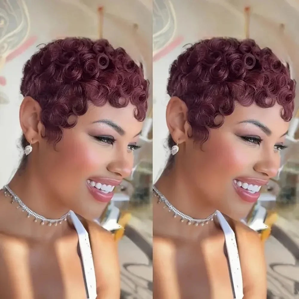 Brazilian Remy Human Hair Wig - Short Curly Pixie Cut Full Machine-Made Wig for Women