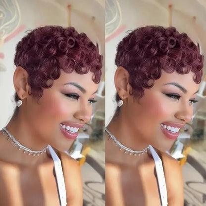 Brazilian Remy Human Hair Wig - Short Curly Pixie Cut Full Machine-Made Wig for Women