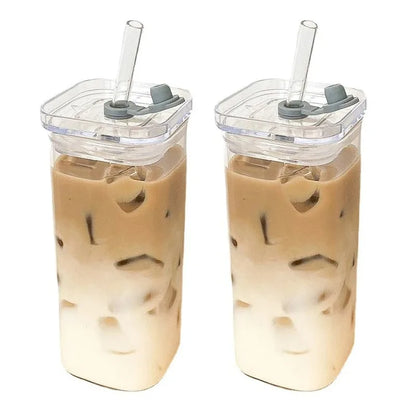 Square Heat-Resistant Coffee Glass Cup with Lid and Straw - Transparent Milk Tea, Juice, and Coffee Mug for Home Bar Drinkware