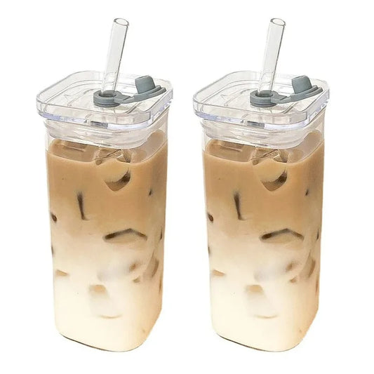 Square Heat-Resistant Coffee Glass Cup with Lid and Straw - Transparent Milk Tea, Juice, and Coffee Mug for Home Bar Drinkware