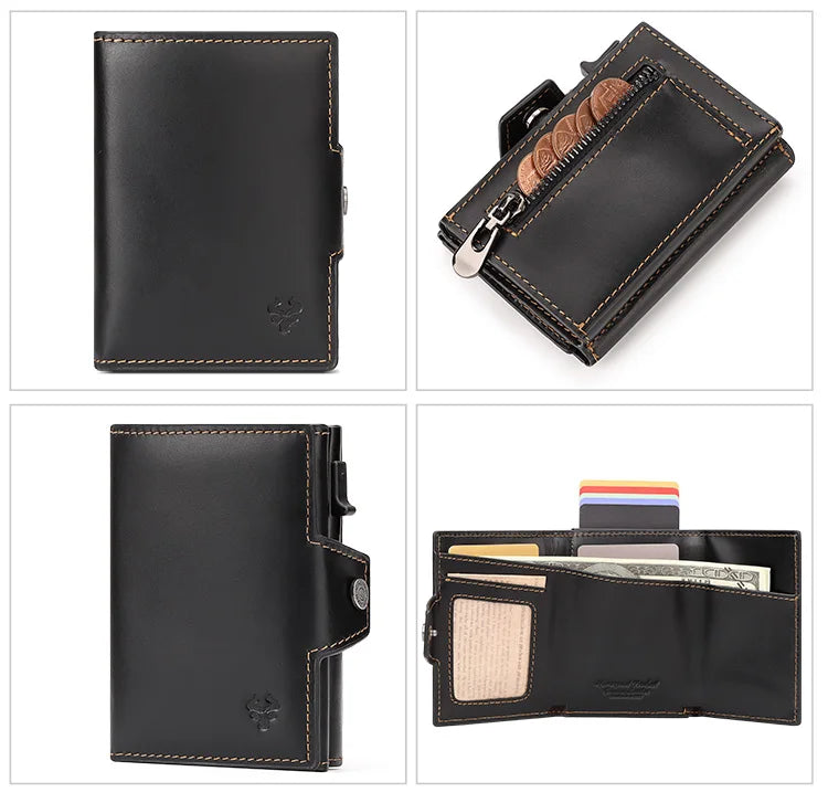 HUMERPAUL Men’s Pop-Up Card Holder – Crazy Horse Leather RFID Blocking Slim Wallet with Money Pocket & Metal Bank Card Case