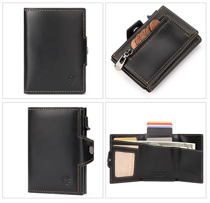 HUMERPAUL Men’s Pop-Up Card Holder – Crazy Horse Leather RFID Blocking Slim Wallet with Money Pocket & Metal Bank Card Case