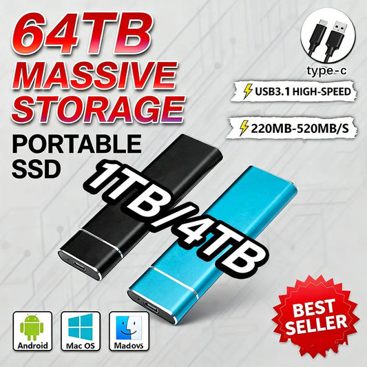 High-Speed Portable SSD – 2TB/4TB External Solid State Drive, Large Capacity Fast Data Storage USB Efficient Backup Hard Drive