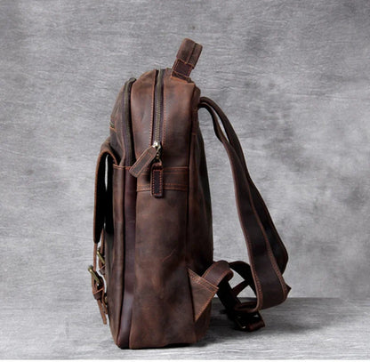 Vintage Crazy Horse Leather Backpack for Men — 17" Laptop Travel Rucksack Cowhide Hiking Bag M815