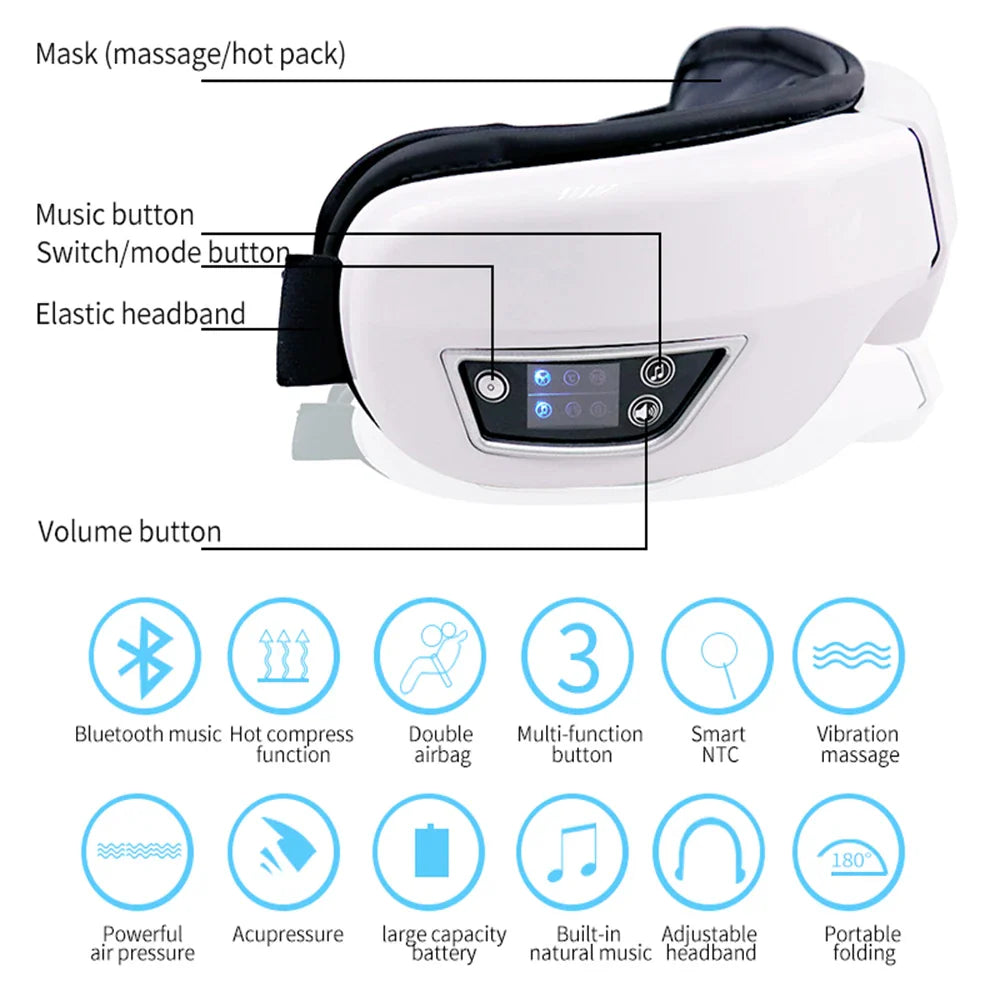6D Smart Vibration Eye Massager – Hot Airbag Compress, Bluetooth Music Sleep Mask for Eye Relaxation & Fatigue Care