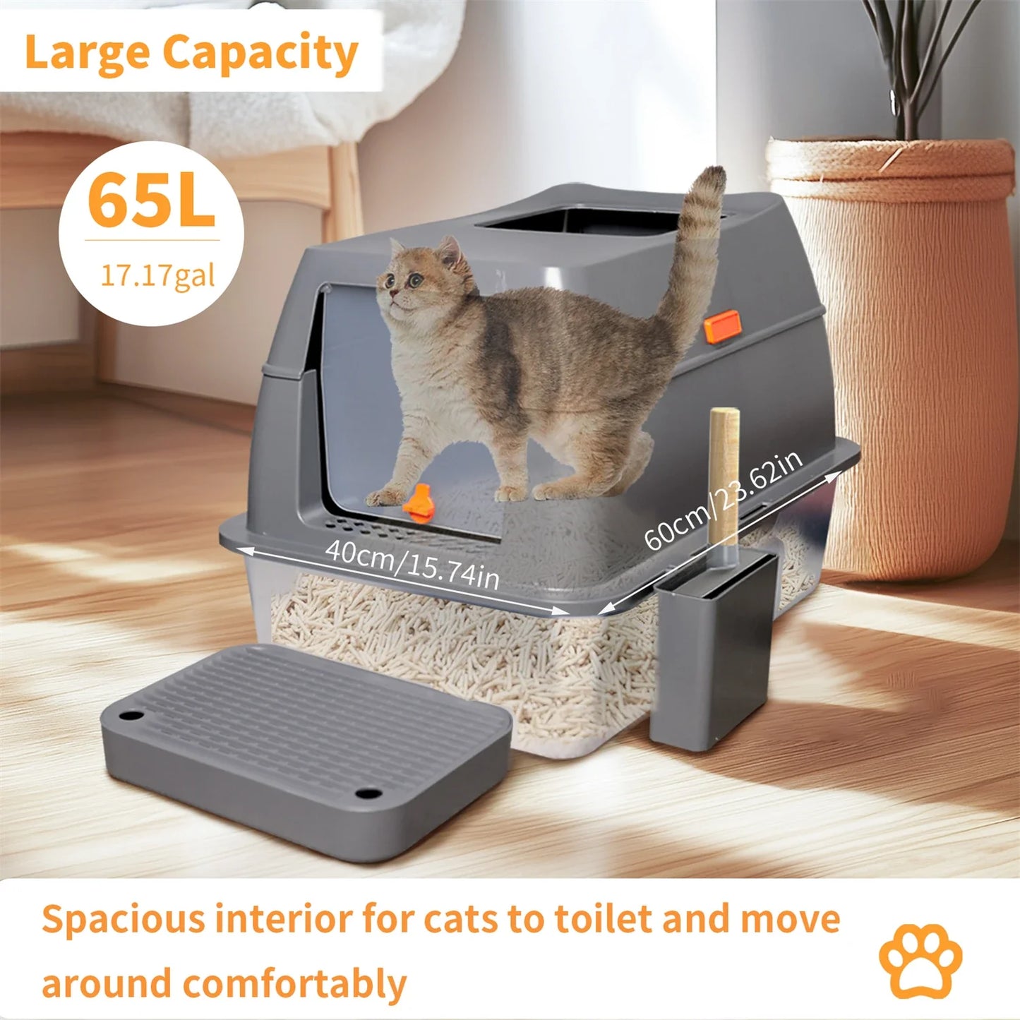 Extra Large Enclosed Stainless Steel Cat Litter Box with Lid – High Wall Metal Litter Pan for Big Cats