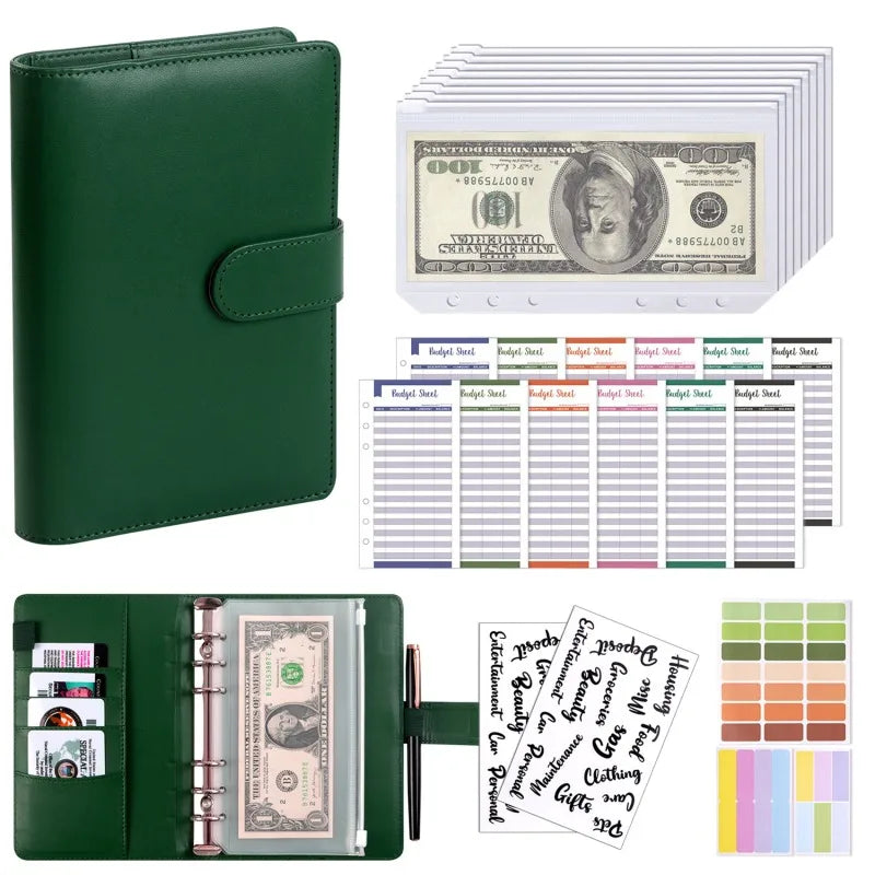 PU Leather Budget Binder with Cash Envelopes – A6 Planner Organizer, Zip Pockets for Saving Money, Small French Budget Pouch