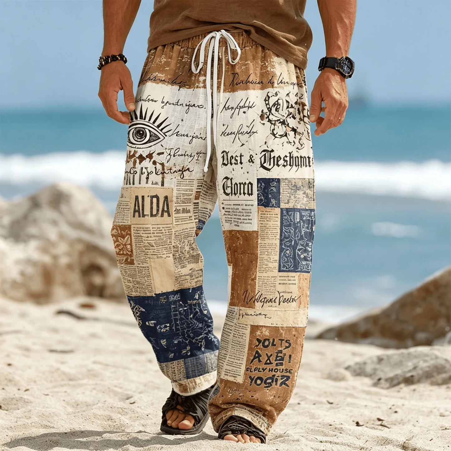 Men’s Tribal Patchwork Drawstring Pants - Casual Boho Summer Beach & Vacation Trousers