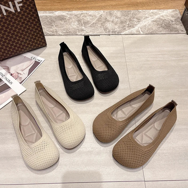 Big Size 42 Women’s Knitted Breathable Flats – Soft Bottom Casual Slip-On Ballet Loafers and Boat Shoes
