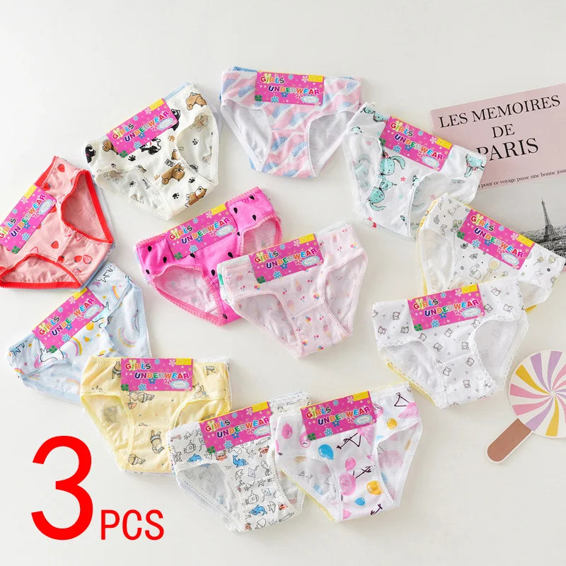 Girls 100% Cotton Cartoon Briefs - Cute Lace Trim Kids Underwear Shorts