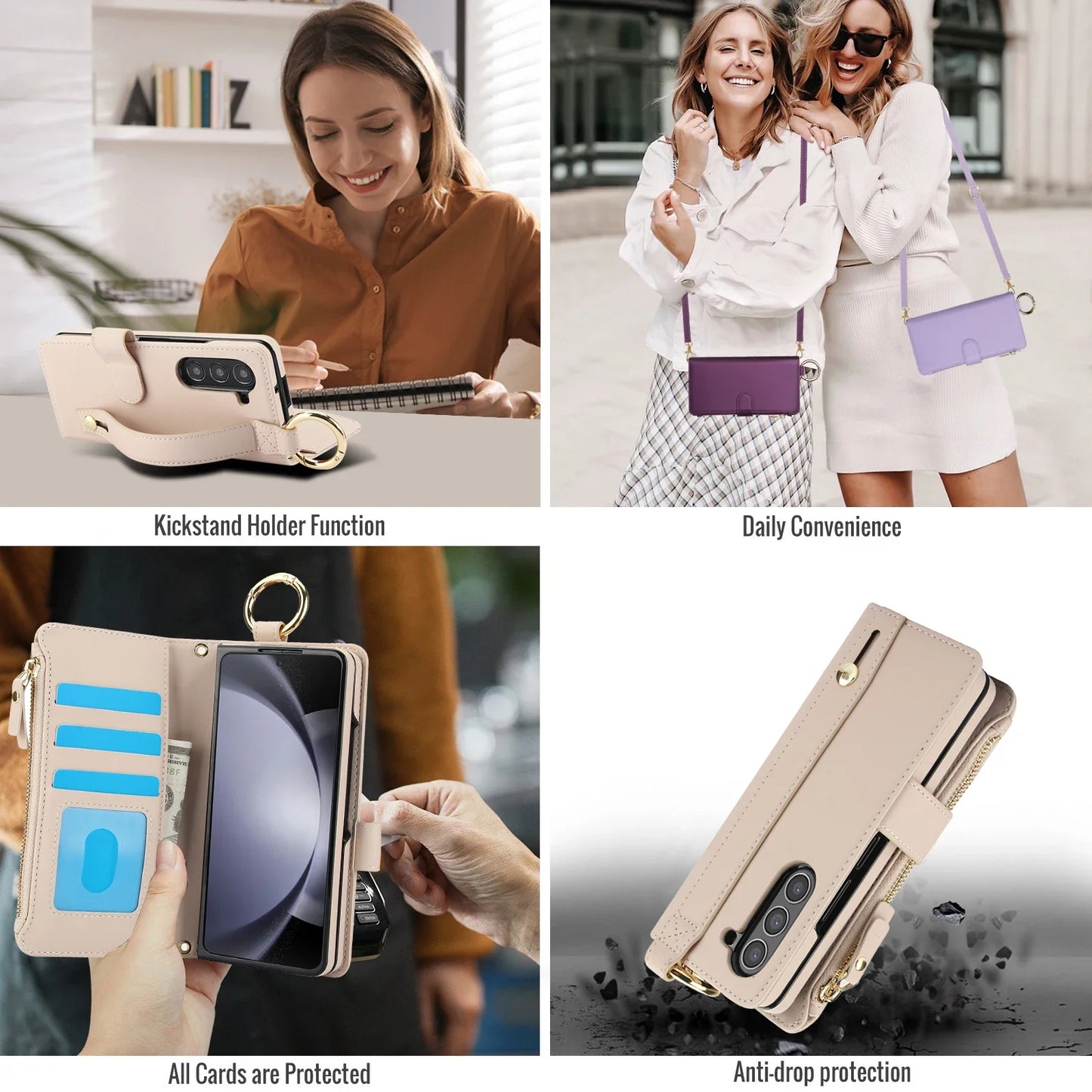 Crossbody Leather Wallet Case with Card Slots, Zipper & Kickstand for Samsung Galaxy Z Fold 3/4/5/6 – Wristband & Ring Holder