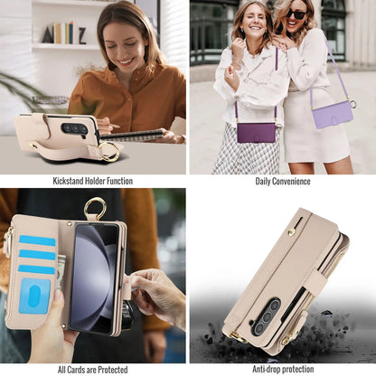 Crossbody Leather Wallet Case with Card Slots, Zipper & Kickstand for Samsung Galaxy Z Fold 3/4/5/6 – Wristband & Ring Holder