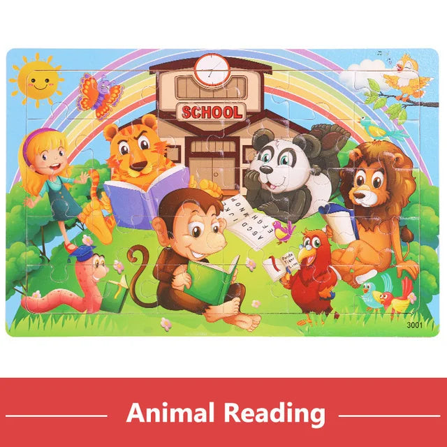 30PCS Montessori Wooden 3D Cartoon Animal Puzzle – Educational Jigsaw Board Game for Kids