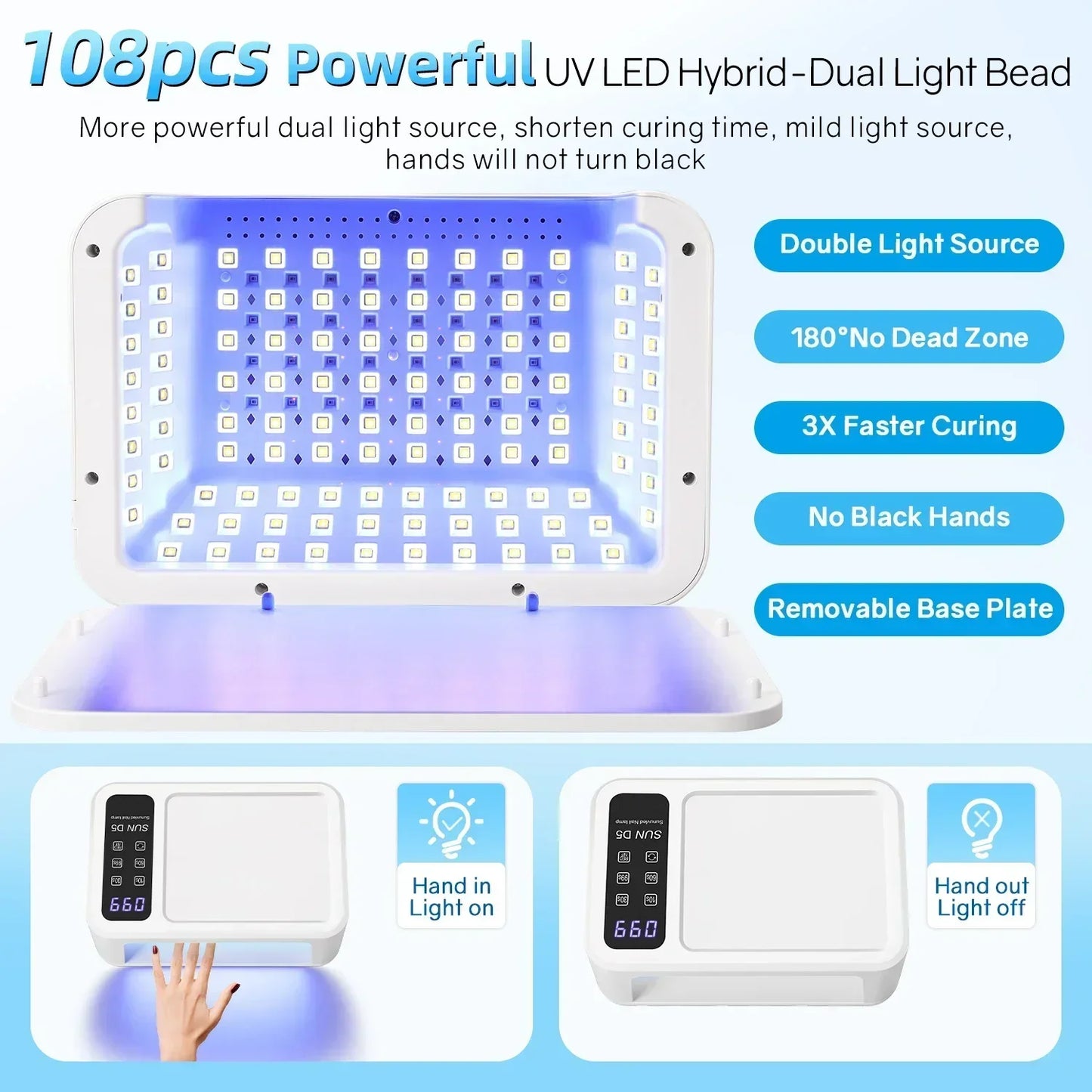 480W UV LED Nail Lamp – 108 LEDs Nail Dryer with Red Light Whitening Mode, Large Space, 4 Timer Settings