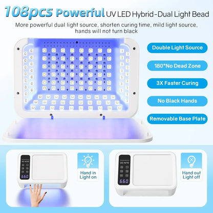 480W UV LED Nail Lamp – 108 LEDs Nail Dryer with Red Light Whitening Mode, Large Space, 4 Timer Settings