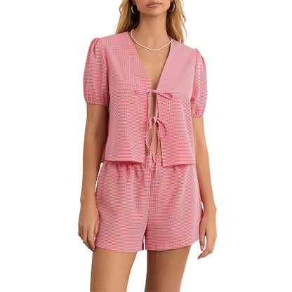 Maemukilabe Y2K Vintage Plaid 2-Piece Set for Women – Loose V-Neck Puff Sleeve Tie-Up Blouse & Shorts Lounge Matching Outfit
