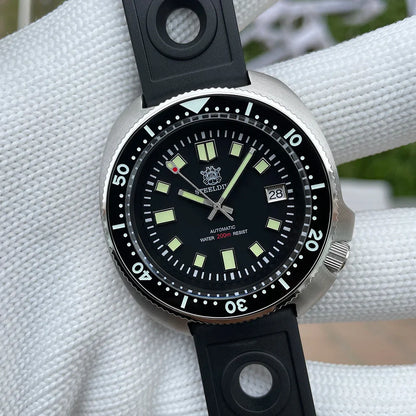 Steeldive SD1970 Men’s Automatic Dive Watch — 200M Waterproof, White Date Background, AR Coating Sapphire Glass, NH35 Black Dial Turtle Design
