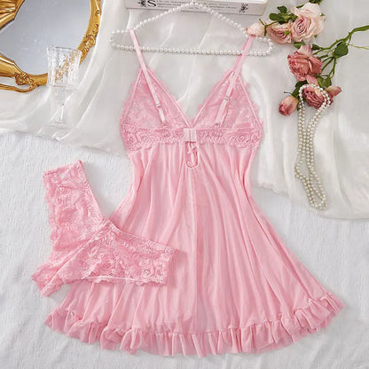 Women’s Lingerie Set — Plus Size Lace Nightgown, Thong & Suspender Sexy Sleepwear