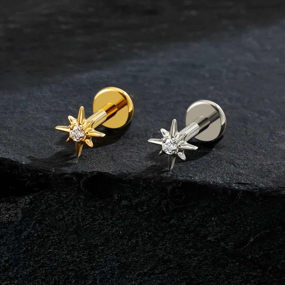 Right Grand ASTM F136 Titanium CZ North Star 16G Flat Back Earring – Tiny Starburst Helix, Cartilage & Earlobe Stud Piercing Jewelry