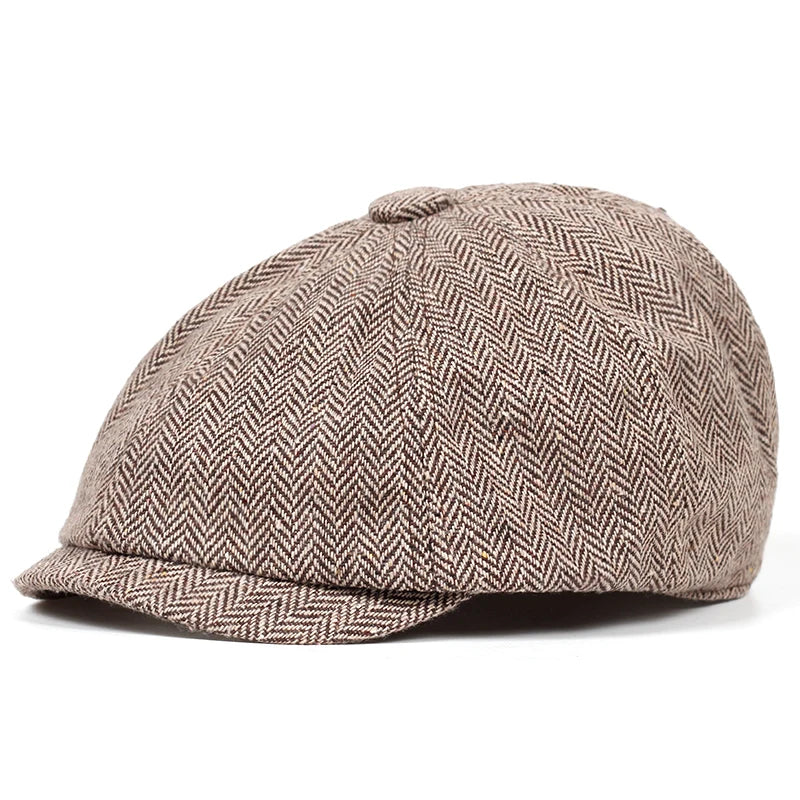 Men's Retro Newsboy Cap - Octagonal Flat Hat with Herringbone Design, British Painter Style Beret for Autumn and Winter