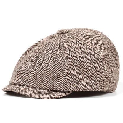 Men's Retro Newsboy Cap - Octagonal Flat Hat with Herringbone Design, British Painter Style Beret for Autumn and Winter