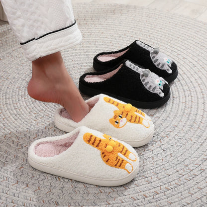 Embroidered Cat Plush Slippers - Warm Thick-Sole Non-Slip Indoor House Shoes for Men & Women