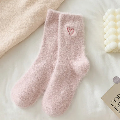 Thickened Pink Mink Fur Heart Embroidered Socks — Women’s Autumn Winter Warm Plush Mid-Tube Home Sleep Socks