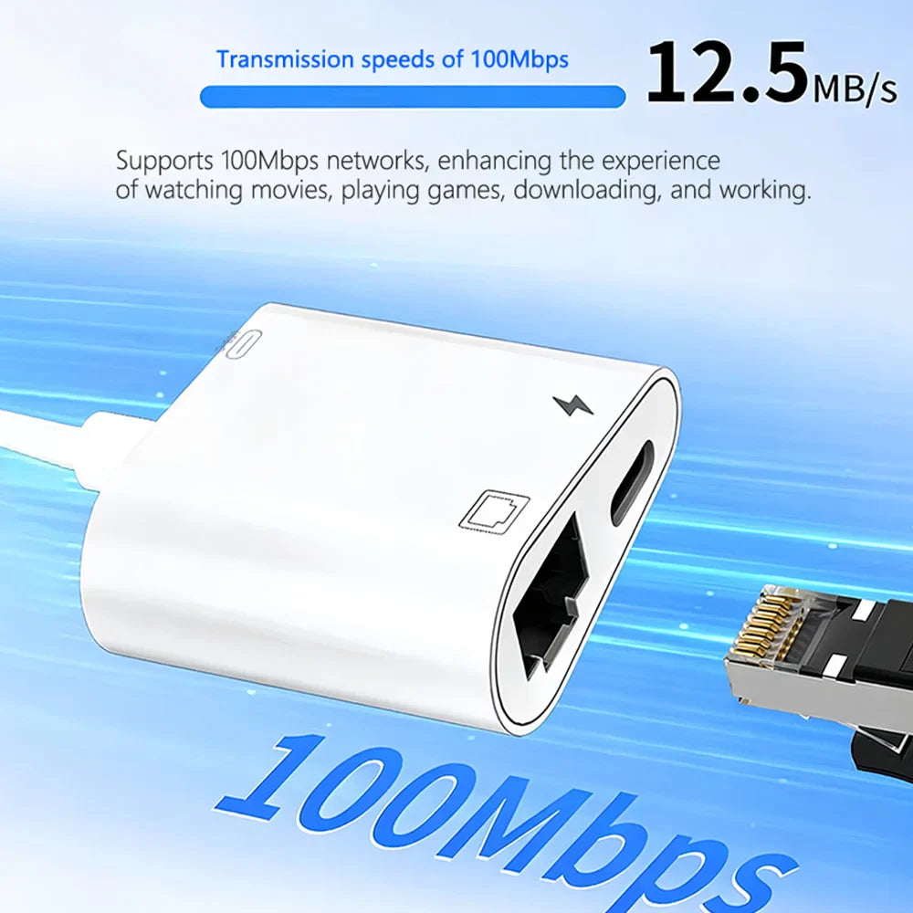 Lightning to RJ45 Ethernet Adapter 3-in-1 – Network Card Converter with Charging & Data Transfer for iPhone 14/13/12/11 Pro