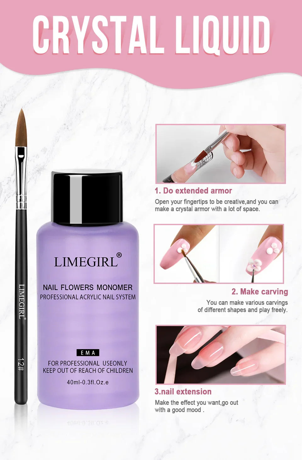 40ml Crystal Liquid & 45ml Acrylic Powder Set – Pink, White, Transparent Acrylic Powder Kit for Beginners Nail Art