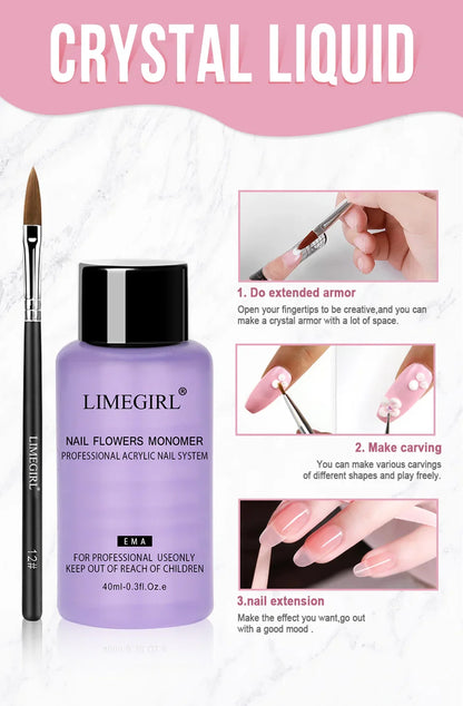 40ml Crystal Liquid & 45ml Acrylic Powder Set – Pink, White, Transparent Acrylic Powder Kit for Beginners Nail Art