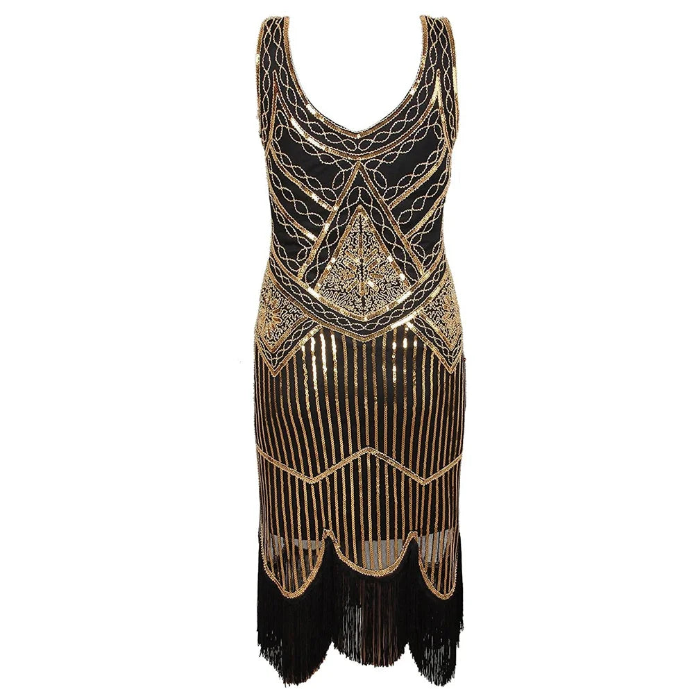 Women’s 1920s Great Gatsby Flapper Dress – Vintage V-Neck Sequin & Bead Long Mesh Maxi Party Prom Gown