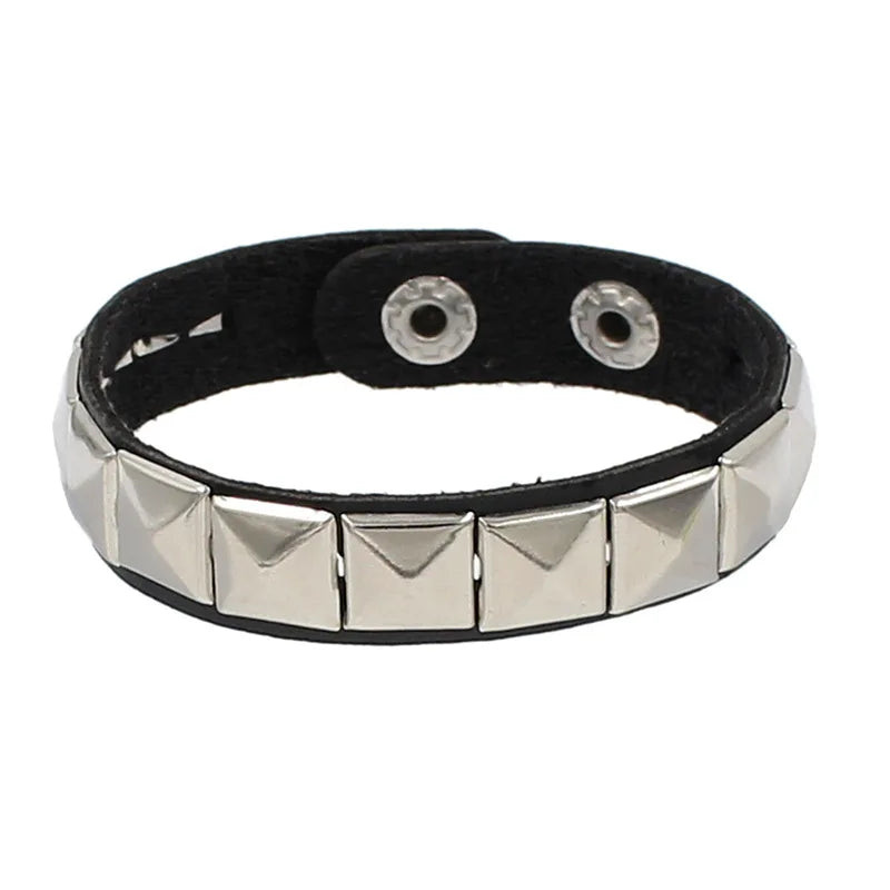 90s Punk Style Bracelet – PU Leather with 3 Rows of Spikes & Square Studs, Fashion Bangle for 2024