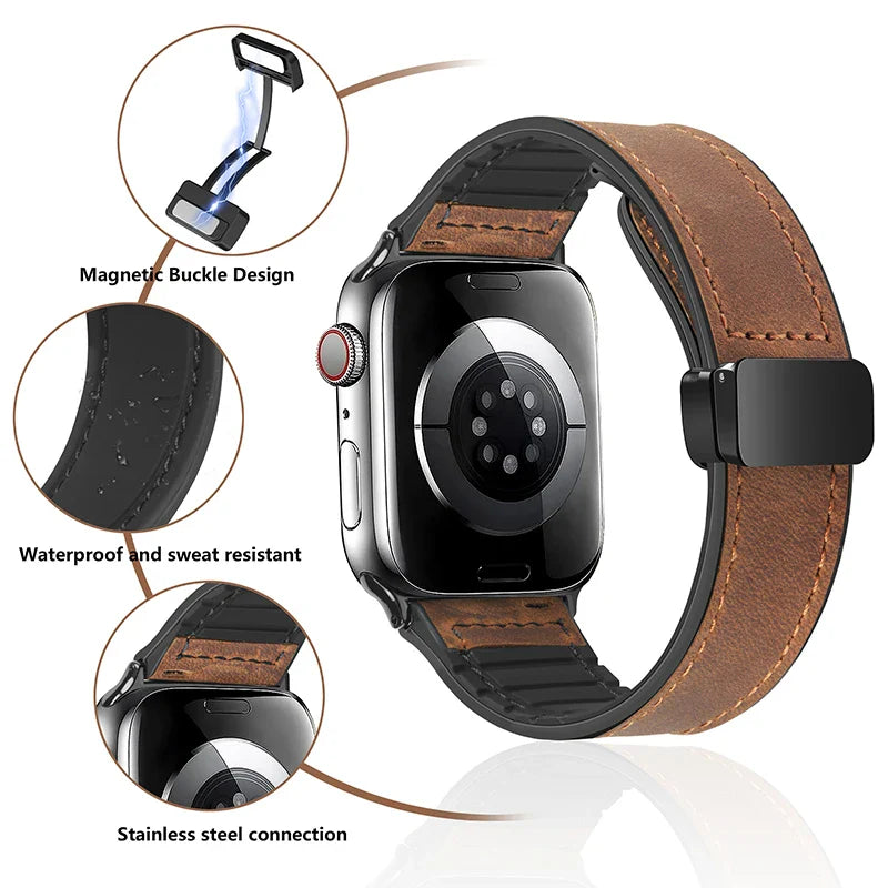 Leather Strap for Apple Watch – Compatible with Series 5-10, Ultra, SE, 40-49mm, Men’s Silicone & Leather iWatch Band